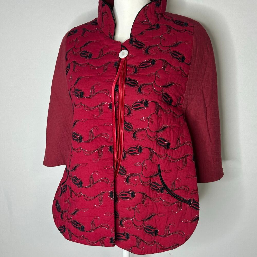 Chinese Designer Red Embroidered Cape Jacket NWT Mandarin Collar Frog Closure S